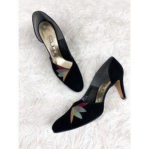 Adores Black Suede D'orsay Heels Pumps Leaf Embellishment Vintage Size 7
